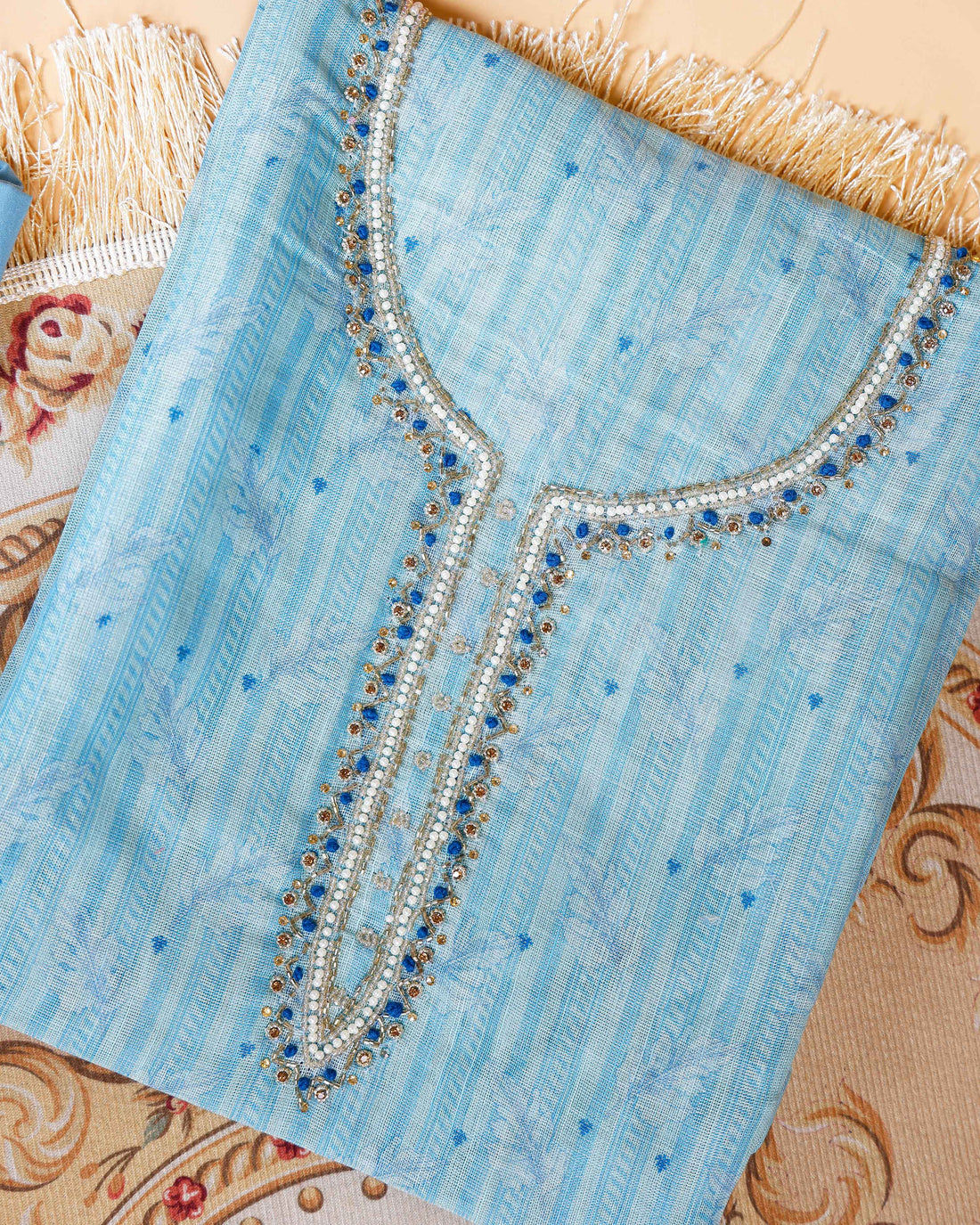 Women's Embroidered Neckline Unstitched Salwar Suit Material with Dupatta - Blue