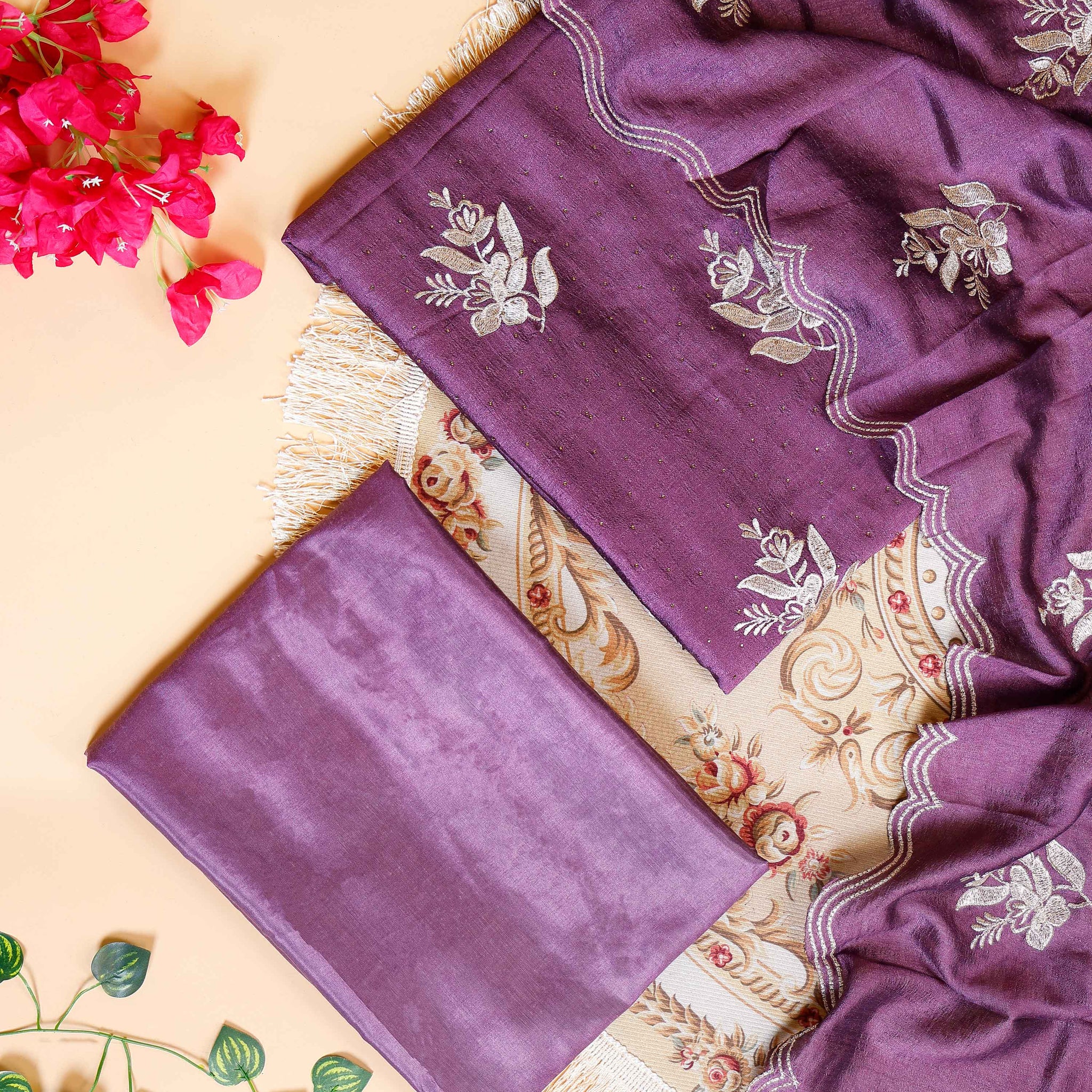 Women's  Embroidered Salwar Material Set with Matching Bottom & Dupatta - Purple