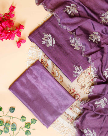 Women's  Embroidered Salwar Material Set with Matching Bottom & Dupatta - Purple