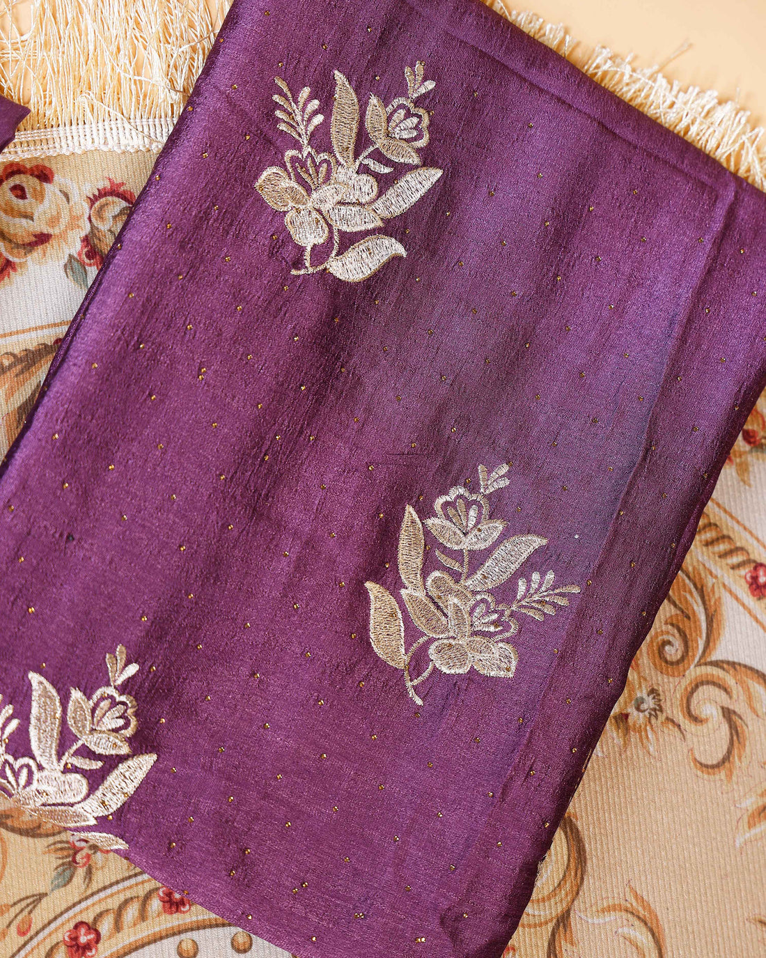 Women's  Embroidered Salwar Material Set with Matching Bottom & Dupatta - Purple