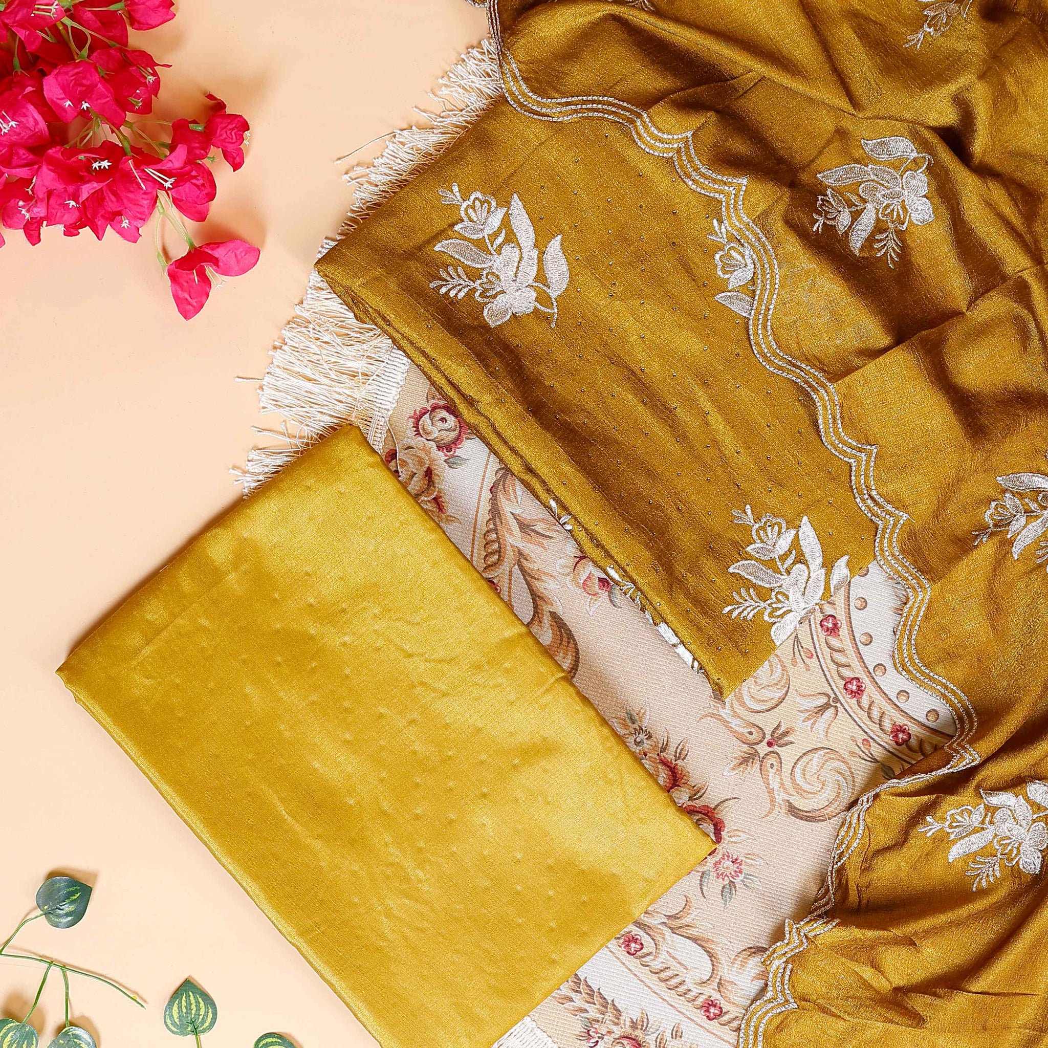 Women's  Embroidered Salwar Material Set with Matching Bottom & Dupatta - Mustard
