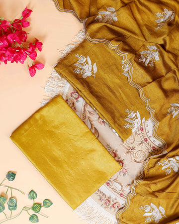 Women's  Embroidered Salwar Material Set with Matching Bottom & Dupatta - Mustard