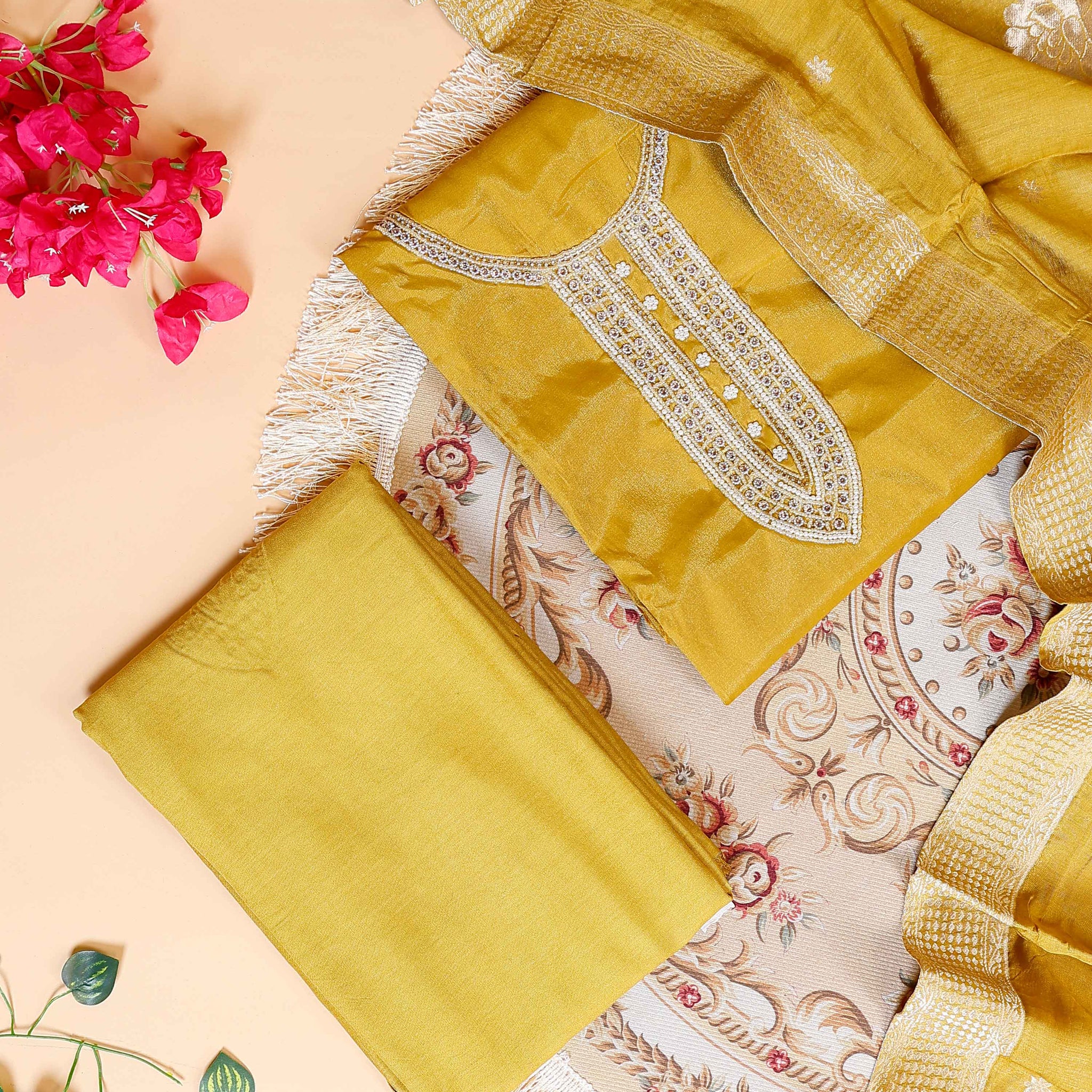 Women's  Embroidered Salwar Material Set with Matching Bottom & Dupatta - Yellow