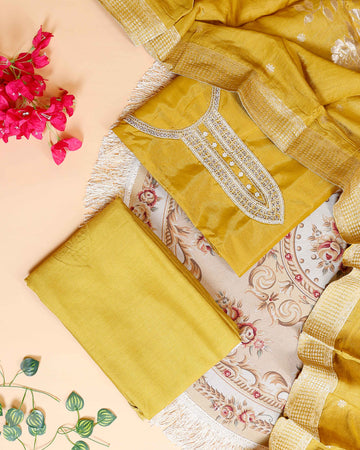 Women's  Embroidered Salwar Material Set with Matching Bottom & Dupatta - Yellow