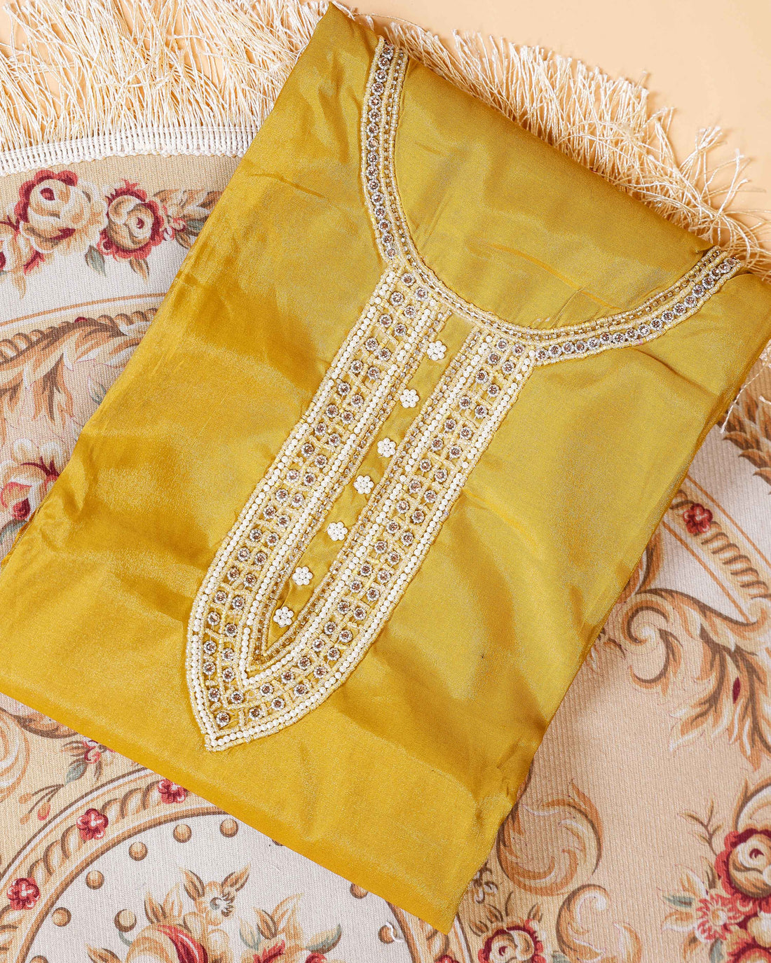 Women's  Embroidered Salwar Material Set with Matching Bottom & Dupatta - Yellow