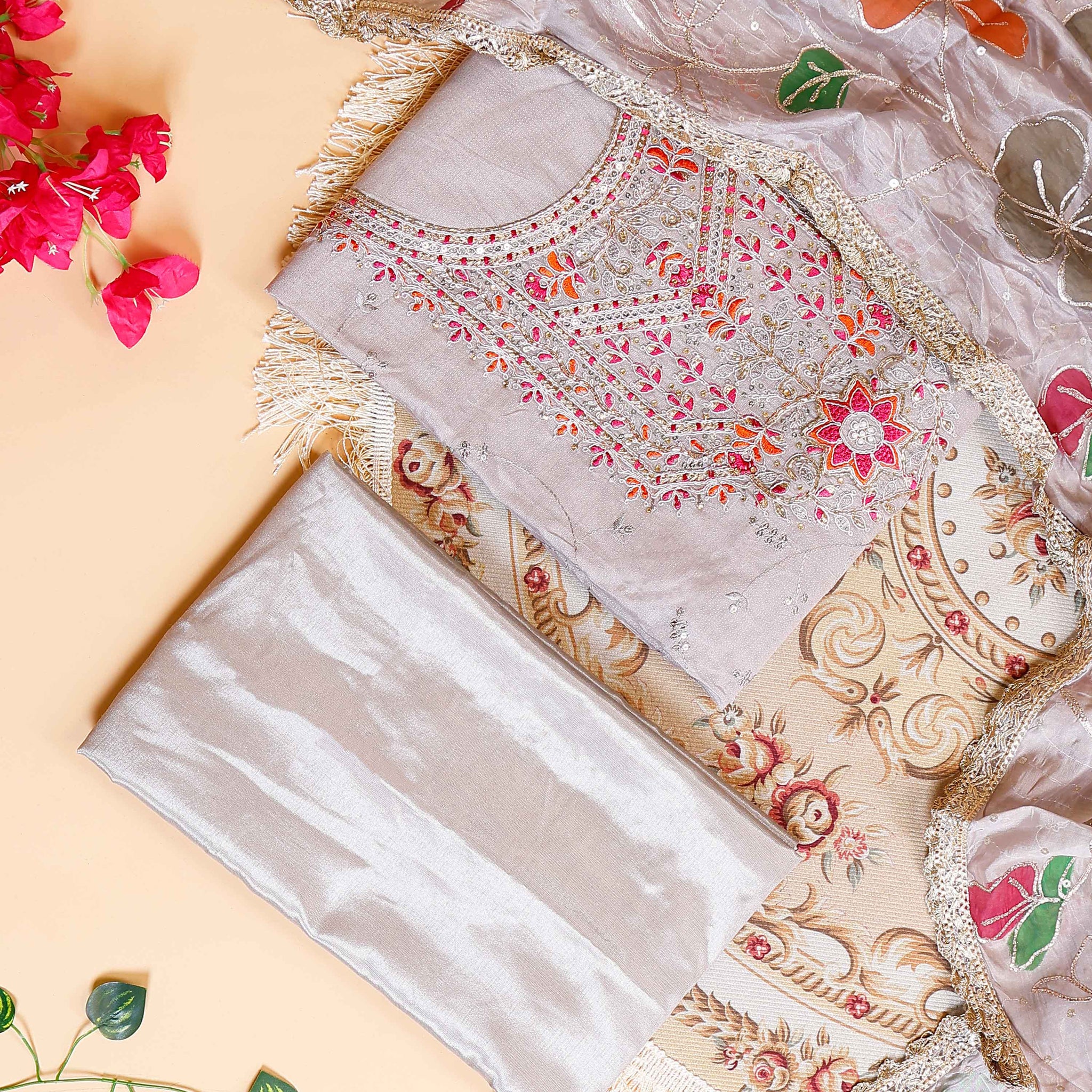 Women's  Unstitched Salwar Material with Intricate Embroidery & Patterned Dupatta - Light Brown