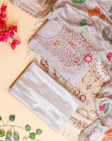 Women's  Unstitched Salwar Material with Intricate Embroidery & Patterned Dupatta - Light Brown