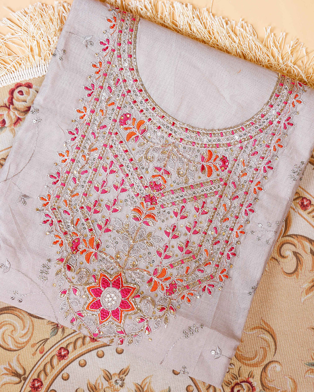 Women's  Unstitched Salwar Material with Intricate Embroidery & Patterned Dupatta - Light Brown
