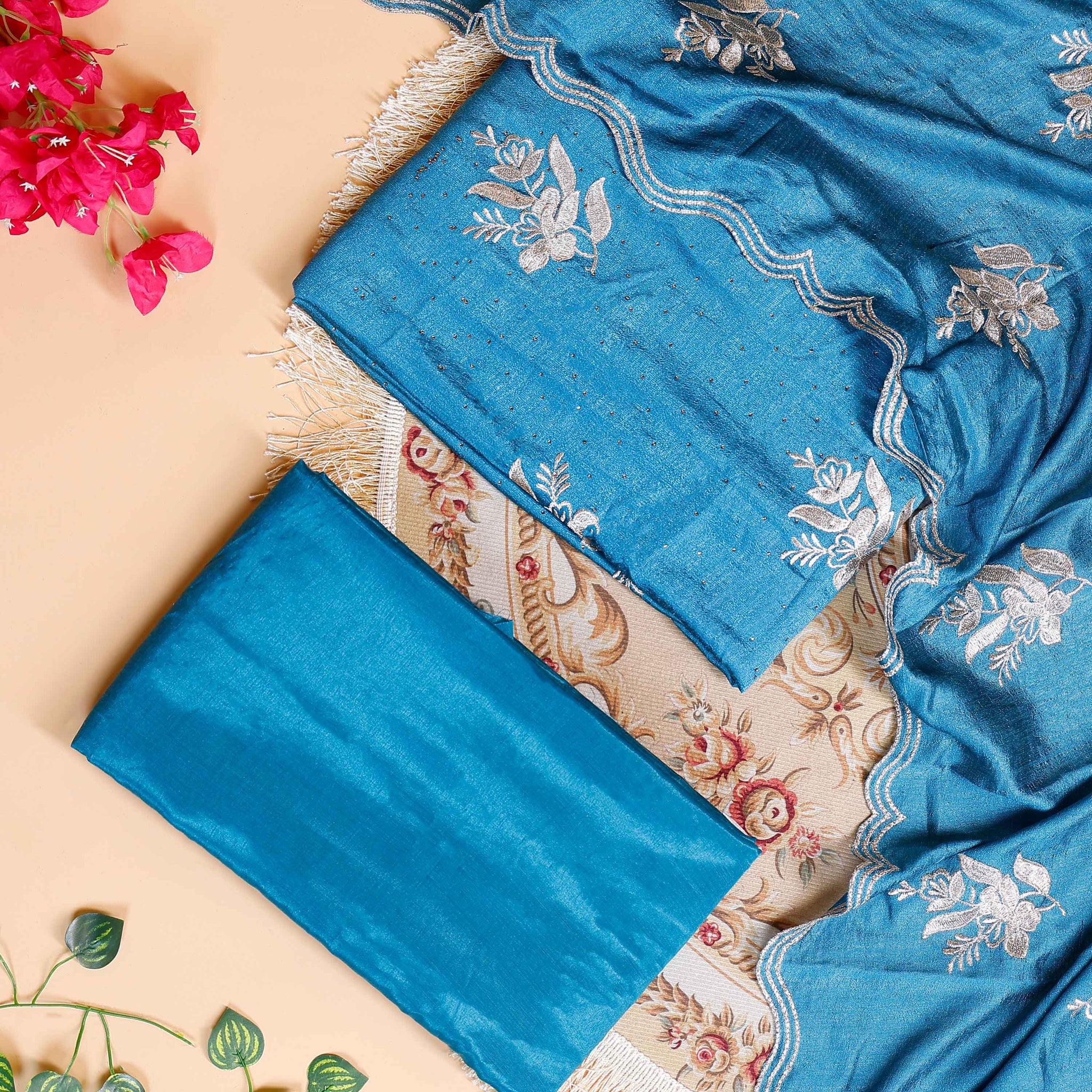 Women's Embroidered Salwar Material Set with Matching Bottom & Dupatta - Blue