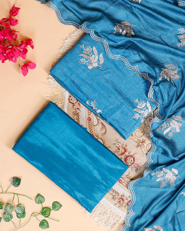 Women's Embroidered Salwar Material Set with Matching Bottom & Dupatta - Blue
