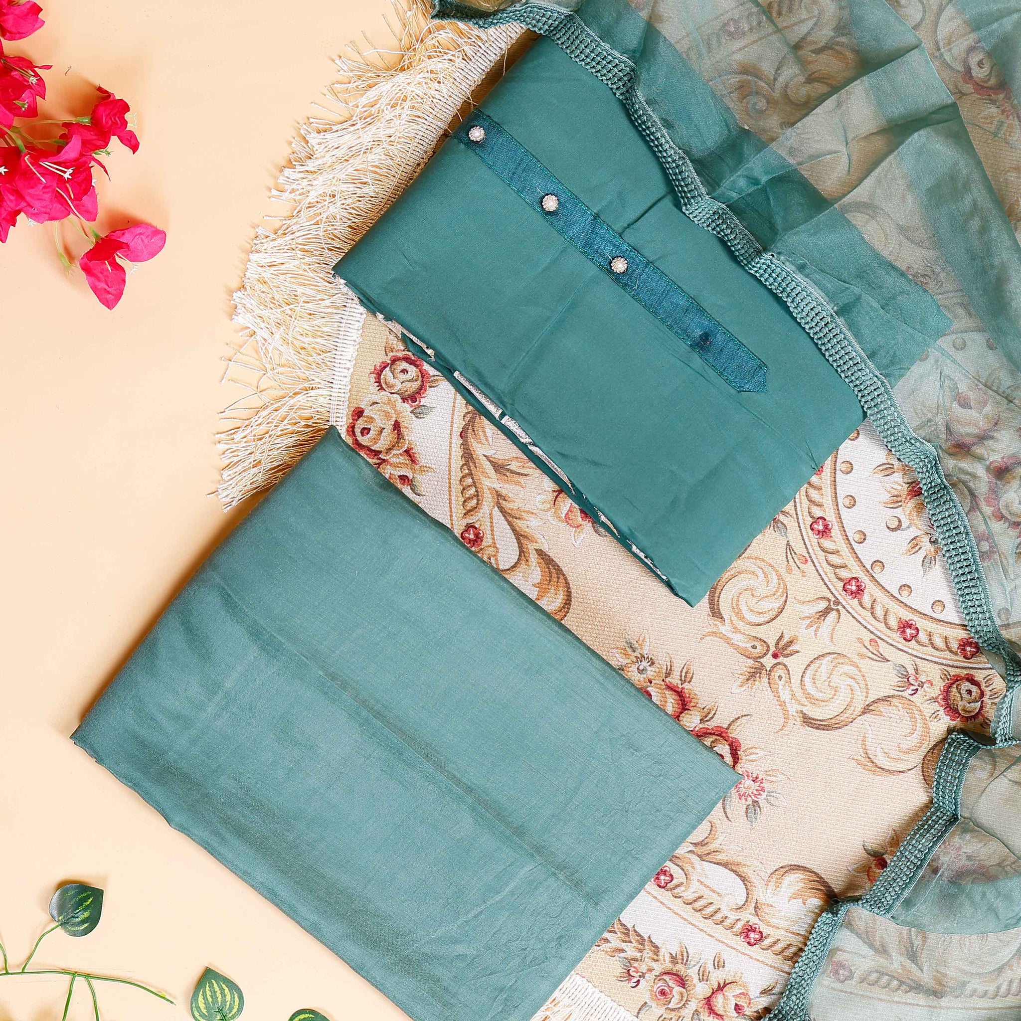 Women's Elegant Unstitched Salwar Suit Material with Embellished Neckline & Printed Dupatta - Green