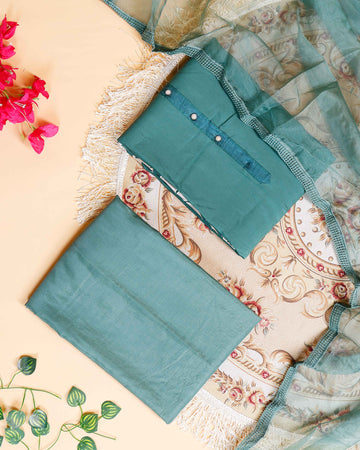 Women's Elegant Unstitched Salwar Suit Material with Embellished Neckline & Printed Dupatta - Green