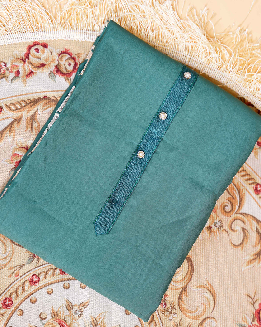 Women's Elegant Unstitched Salwar Suit Material with Embellished Neckline & Printed Dupatta - Green