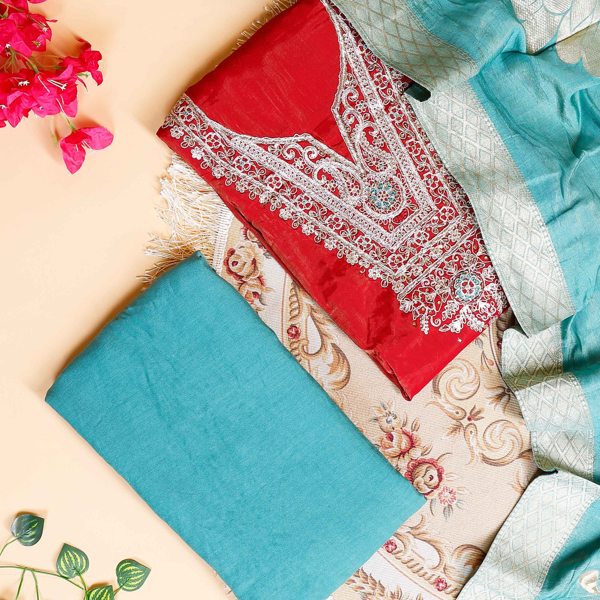 Women's Embroidered Ethnic Unstitched Salwar Suit Fabric Material with Dupatta Set - Red