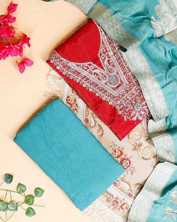 Women's Embroidered Ethnic Unstitched Salwar Suit Fabric Material with Dupatta Set - Red