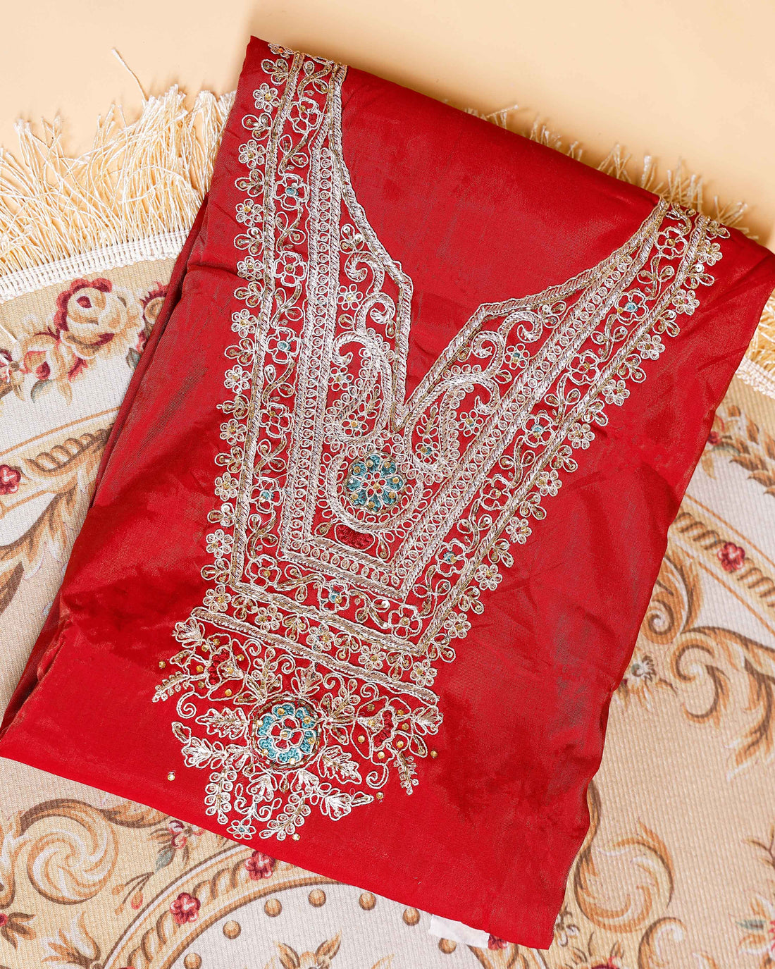 Women's Embroidered Ethnic Unstitched Salwar Suit Fabric Material with Dupatta Set - Red