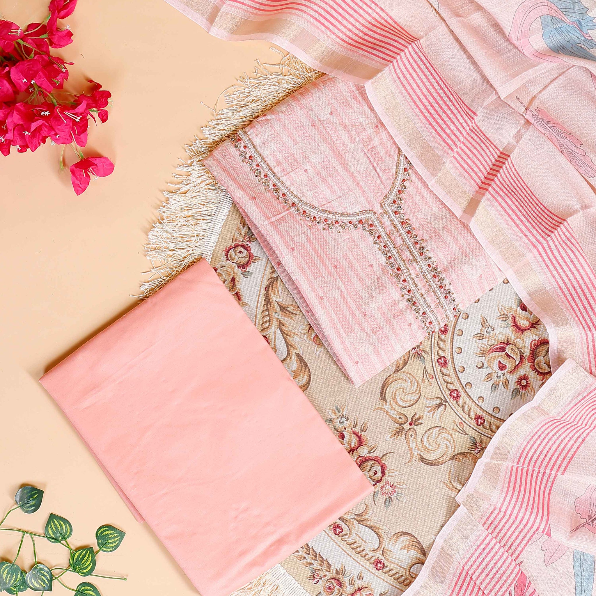 Women's Embroidered Neckline Unstitched Salwar Suit Material with Dupatta - Peach
