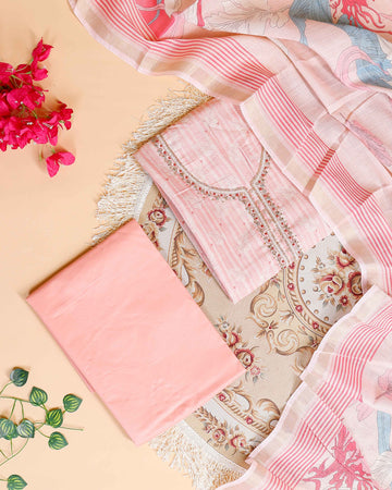 Women's Embroidered Neckline Unstitched Salwar Suit Material with Dupatta - Peach