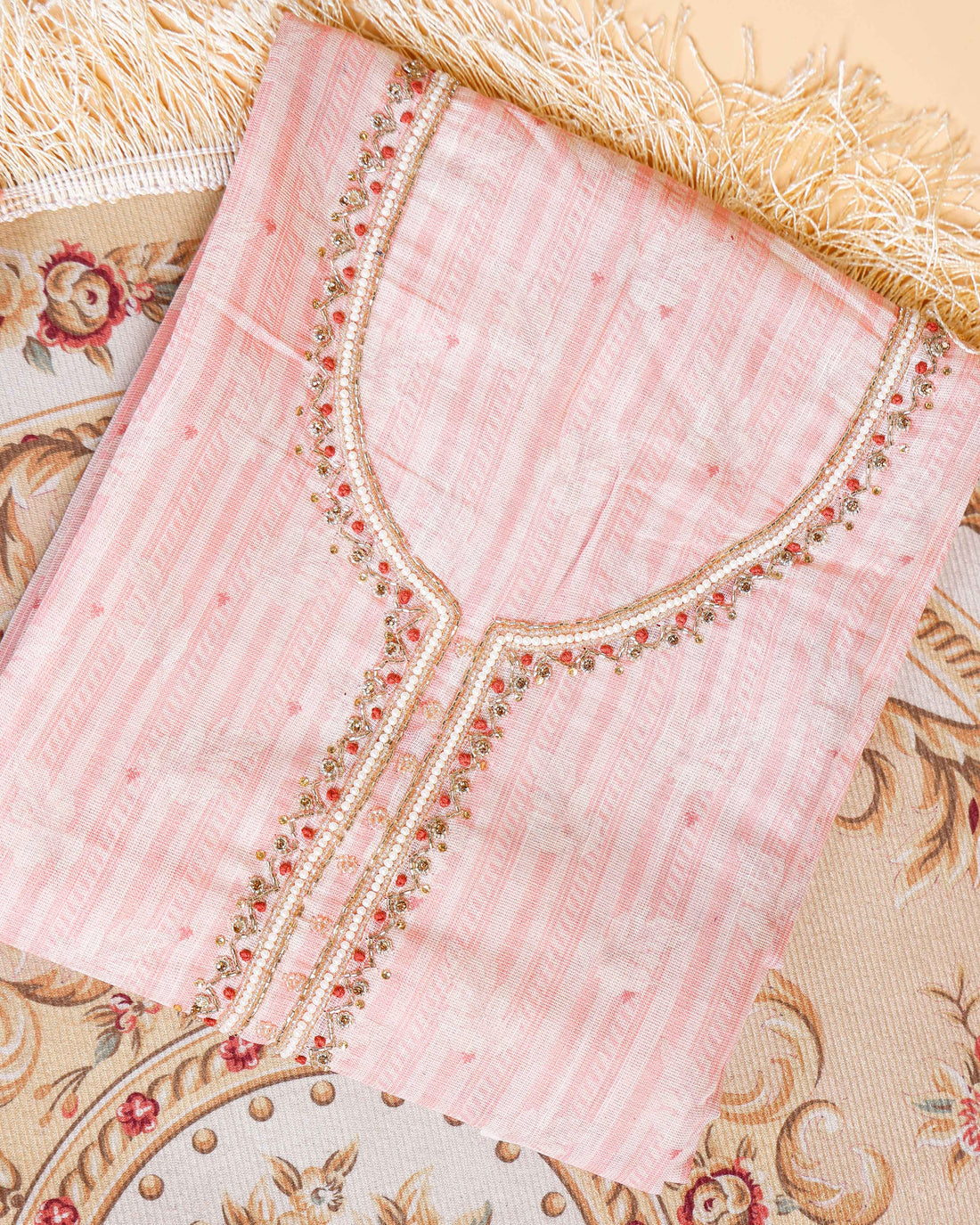 Women's Embroidered Neckline Unstitched Salwar Suit Material with Dupatta - Peach