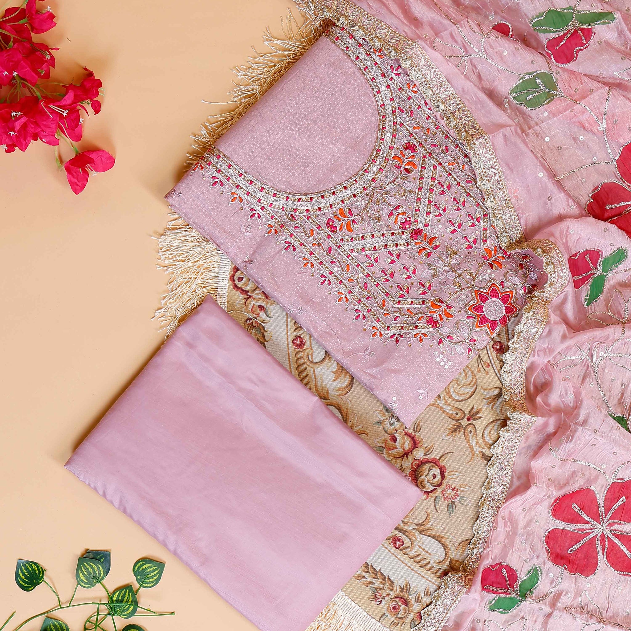 Women's Unstitched Salwar Material with Intricate Embroidery & Patterned Dupatta - Pink