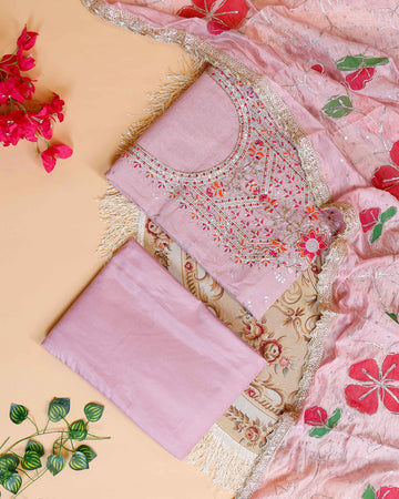 Women's Unstitched Salwar Material with Intricate Embroidery & Patterned Dupatta - Pink