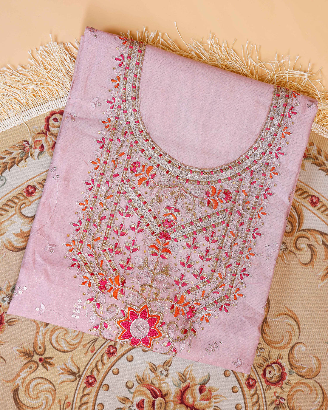 Women's Unstitched Salwar Material with Intricate Embroidery & Patterned Dupatta - Pink