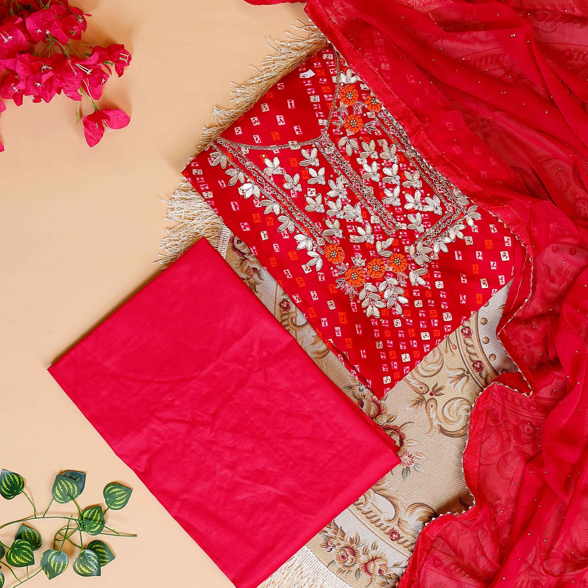 Embroidered Bandhani Print Salwar Suit Material with Zari and Floral Embellishments - Red