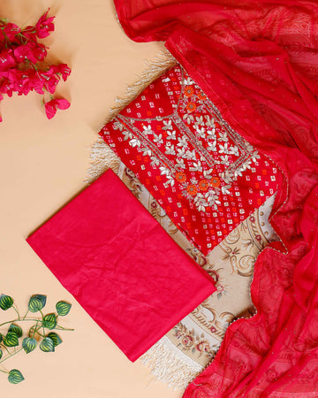 Embroidered Bandhani Print Salwar Suit Material with Zari and Floral Embellishments - Red