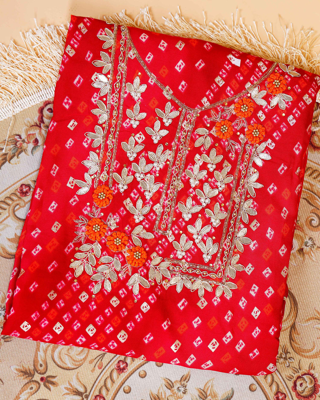Embroidered Bandhani Print Salwar Suit Material with Zari and Floral Embellishments - Red