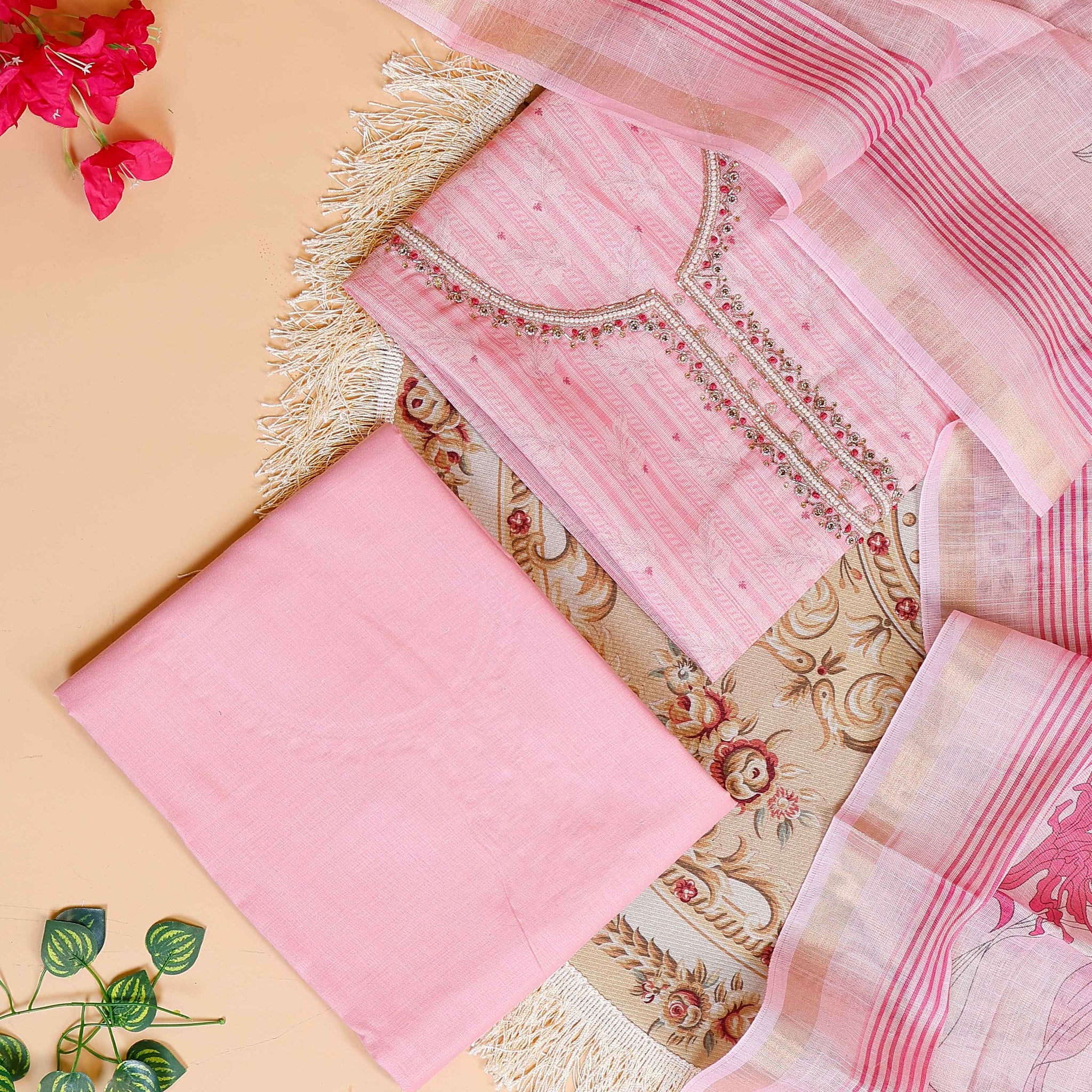 Women's Embroidered Neckline Unstitched Salwar Suit Material with Dupatta - Pink