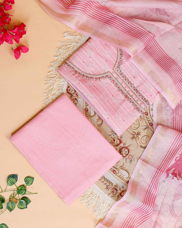 Women's Embroidered Neckline Unstitched Salwar Suit Material with Dupatta - Pink