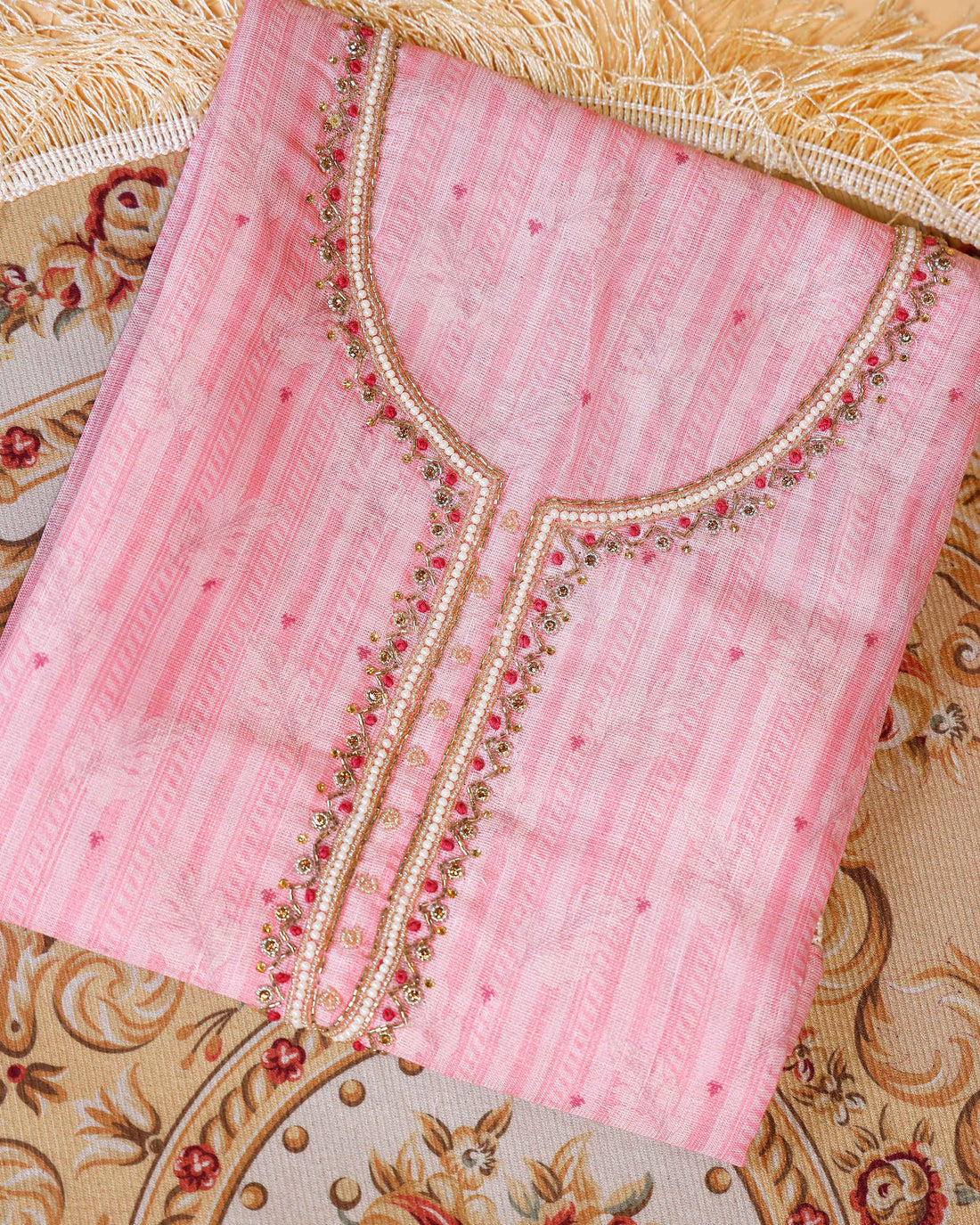 Women's Embroidered Neckline Unstitched Salwar Suit Material with Dupatta - Pink