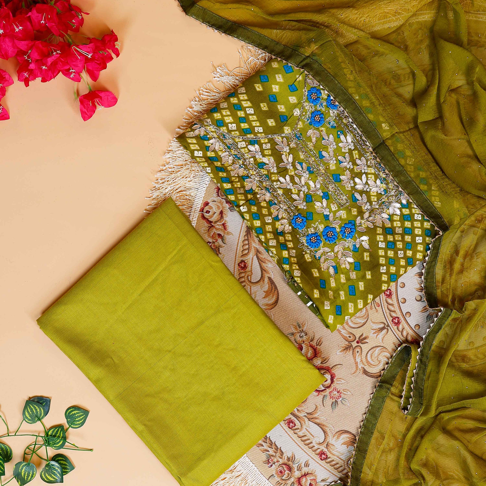 Embroidered Bandhani Print Salwar Suit Material with Zari and Floral Embellishments - Green
