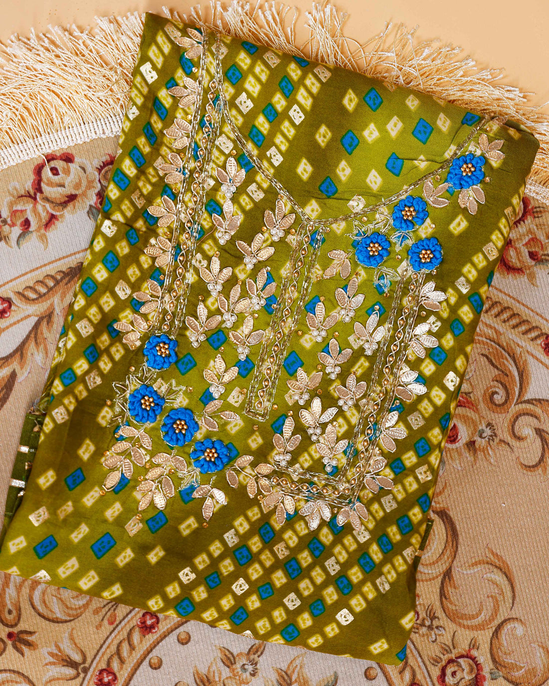 Embroidered Bandhani Print Salwar Suit Material with Zari and Floral Embellishments - Green