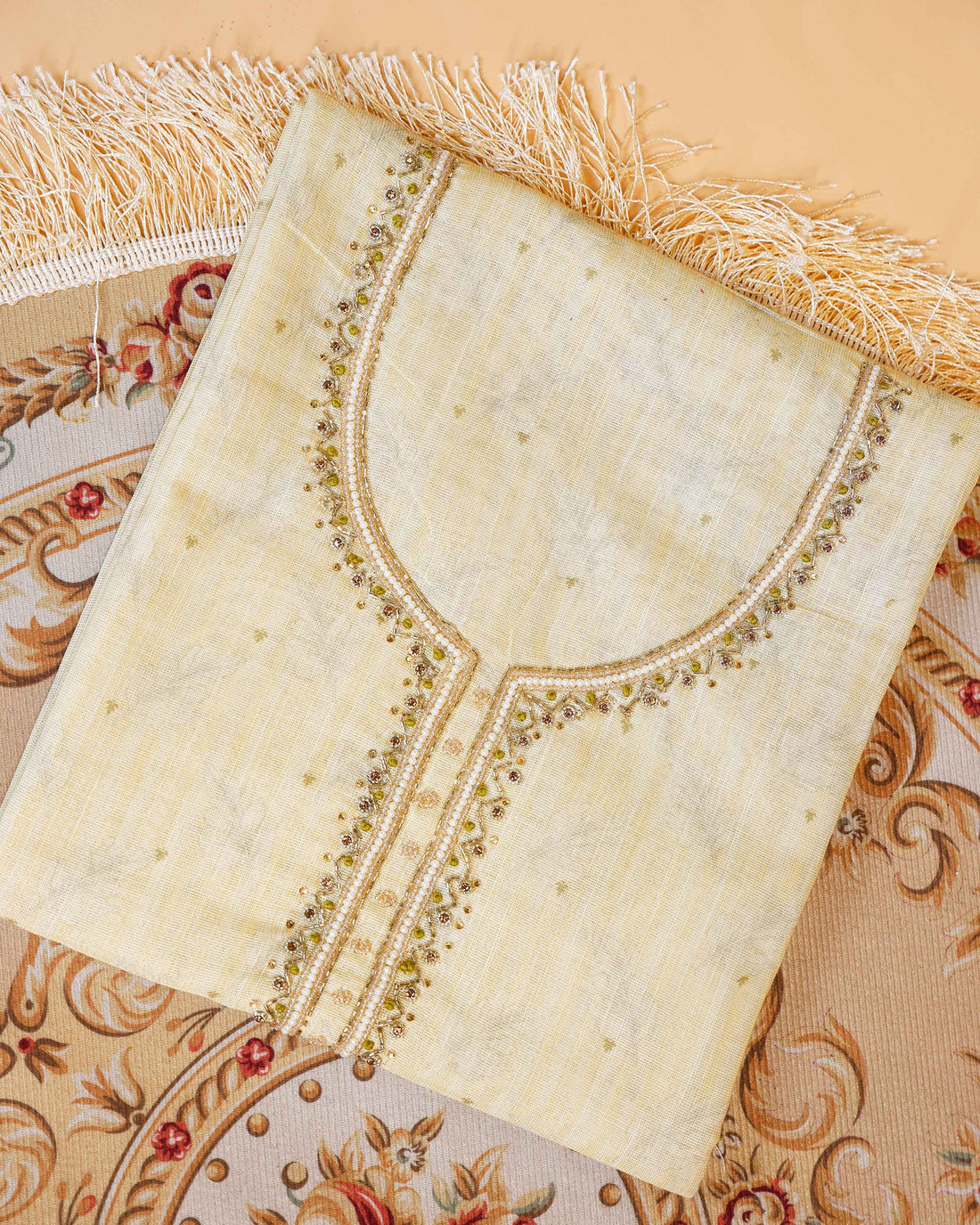 Women's Embroidered Neckline Unstitched Salwar Suit Material with Dupatta - Sandal
