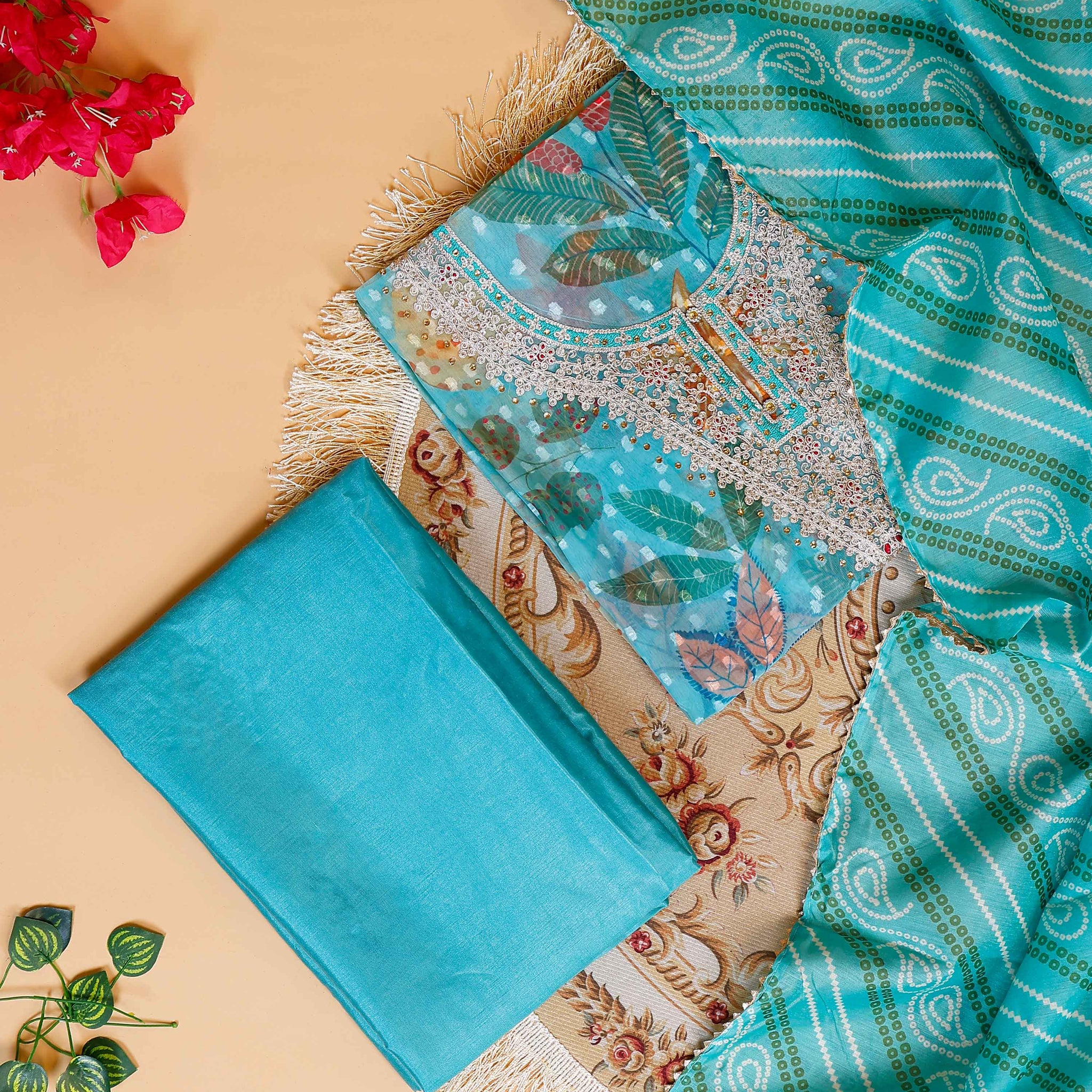 Women's Elegant Floral & Paisley Print Salwar Suit Material with Intricate Neck Embroidery - Teal