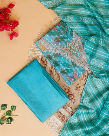 Women's Elegant Floral & Paisley Print Salwar Suit Material with Intricate Neck Embroidery - Teal