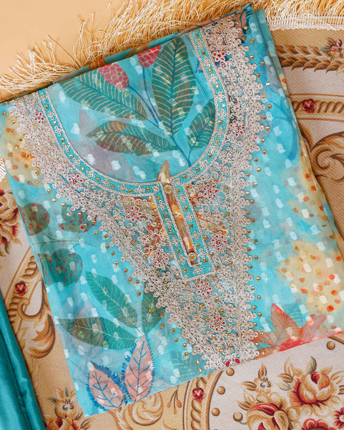 Women's Elegant Floral & Paisley Print Salwar Suit Material with Intricate Neck Embroidery - Teal