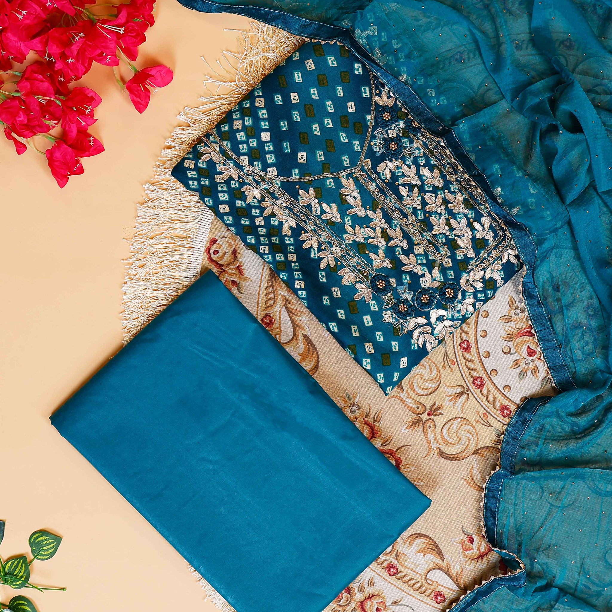 Embroidered Bandhani Print Salwar Suit Material with Zari and Floral Embellishments - Teal
