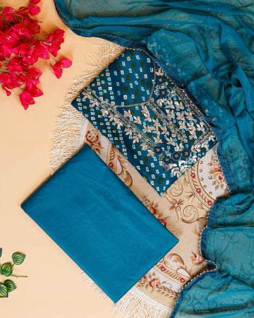 Embroidered Bandhani Print Salwar Suit Material with Zari and Floral Embellishments - Teal