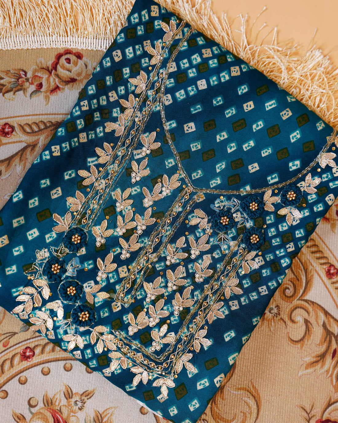 Embroidered Bandhani Print Salwar Suit Material with Zari and Floral Embellishments - Teal