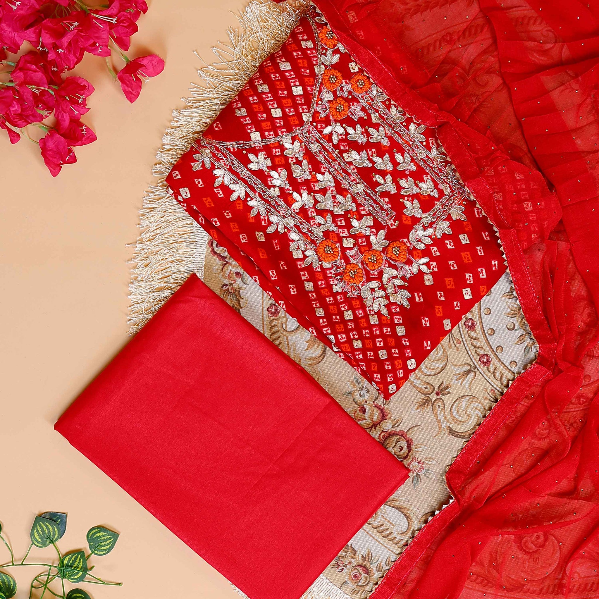 Embroidered Bandhani Print Salwar Suit Material with Zari and Floral Embellishments - Red