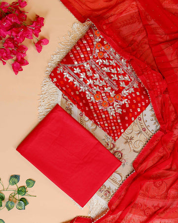 Embroidered Bandhani Print Salwar Suit Material with Zari and Floral Embellishments - Red