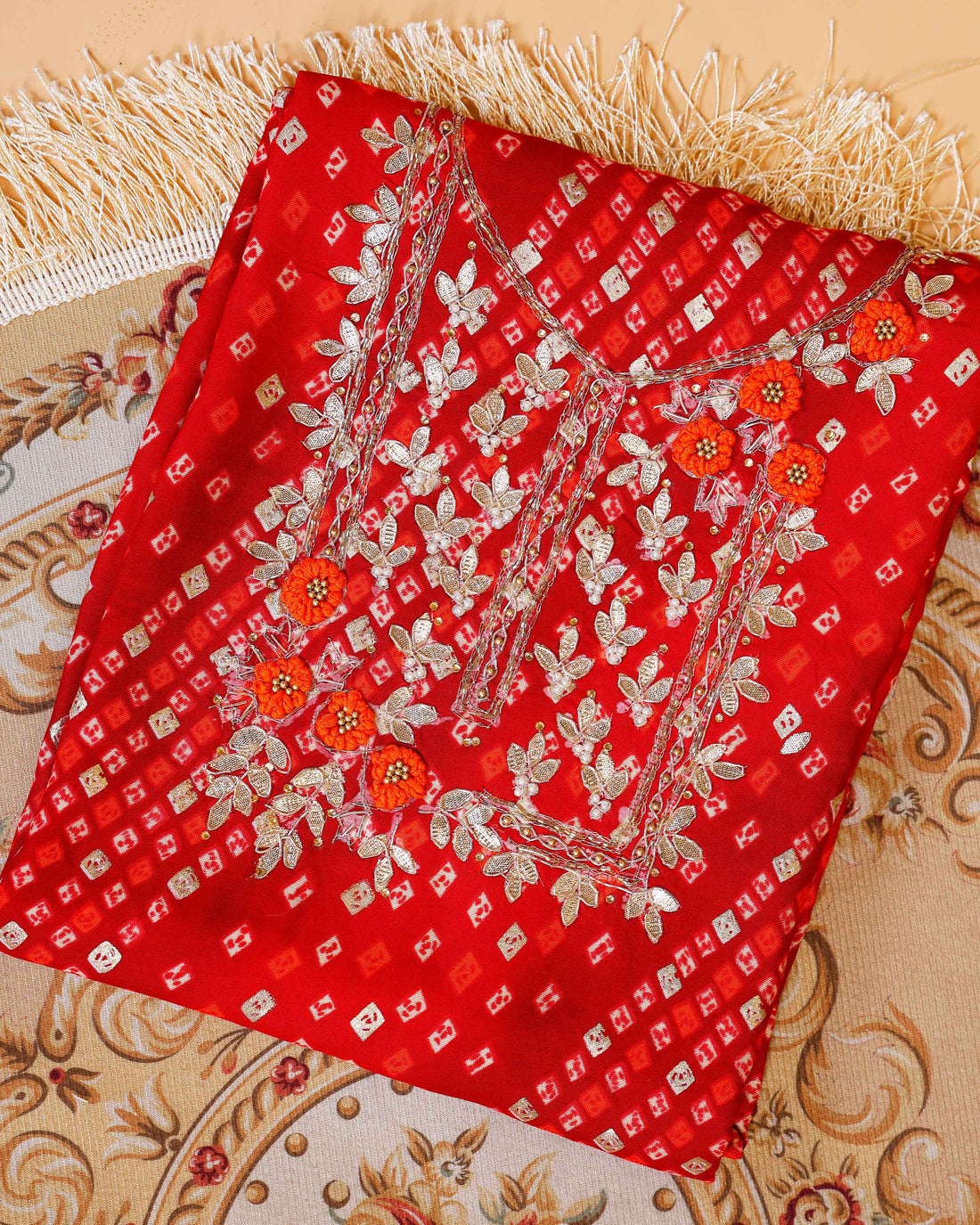 Embroidered Bandhani Print Salwar Suit Material with Zari and Floral Embellishments - Red
