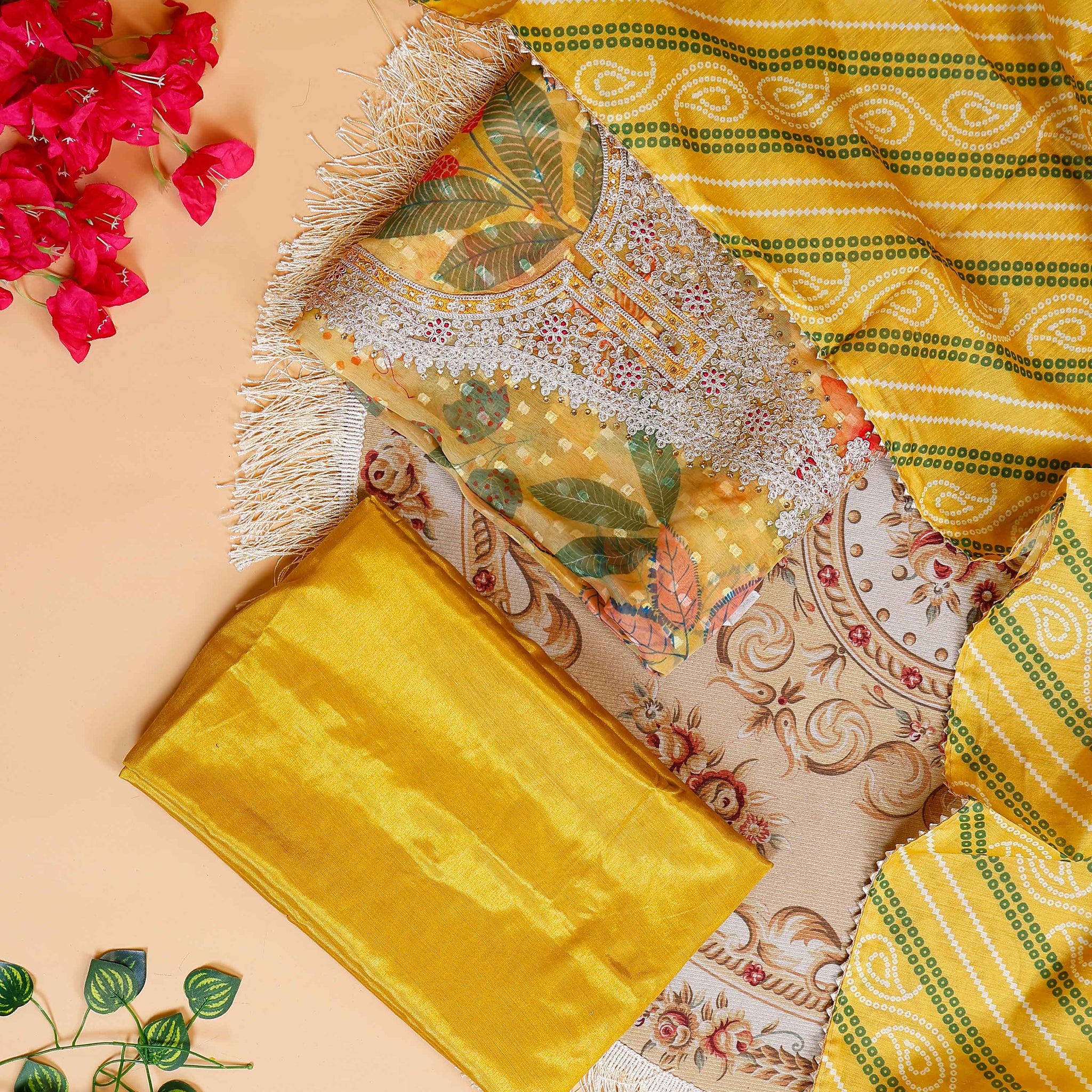 Women's Elegant Floral & Paisley Print Salwar Suit Material with Intricate Neck Embroidery - Yellow