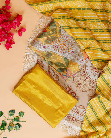 Women's Elegant Floral & Paisley Print Salwar Suit Material with Intricate Neck Embroidery - Yellow