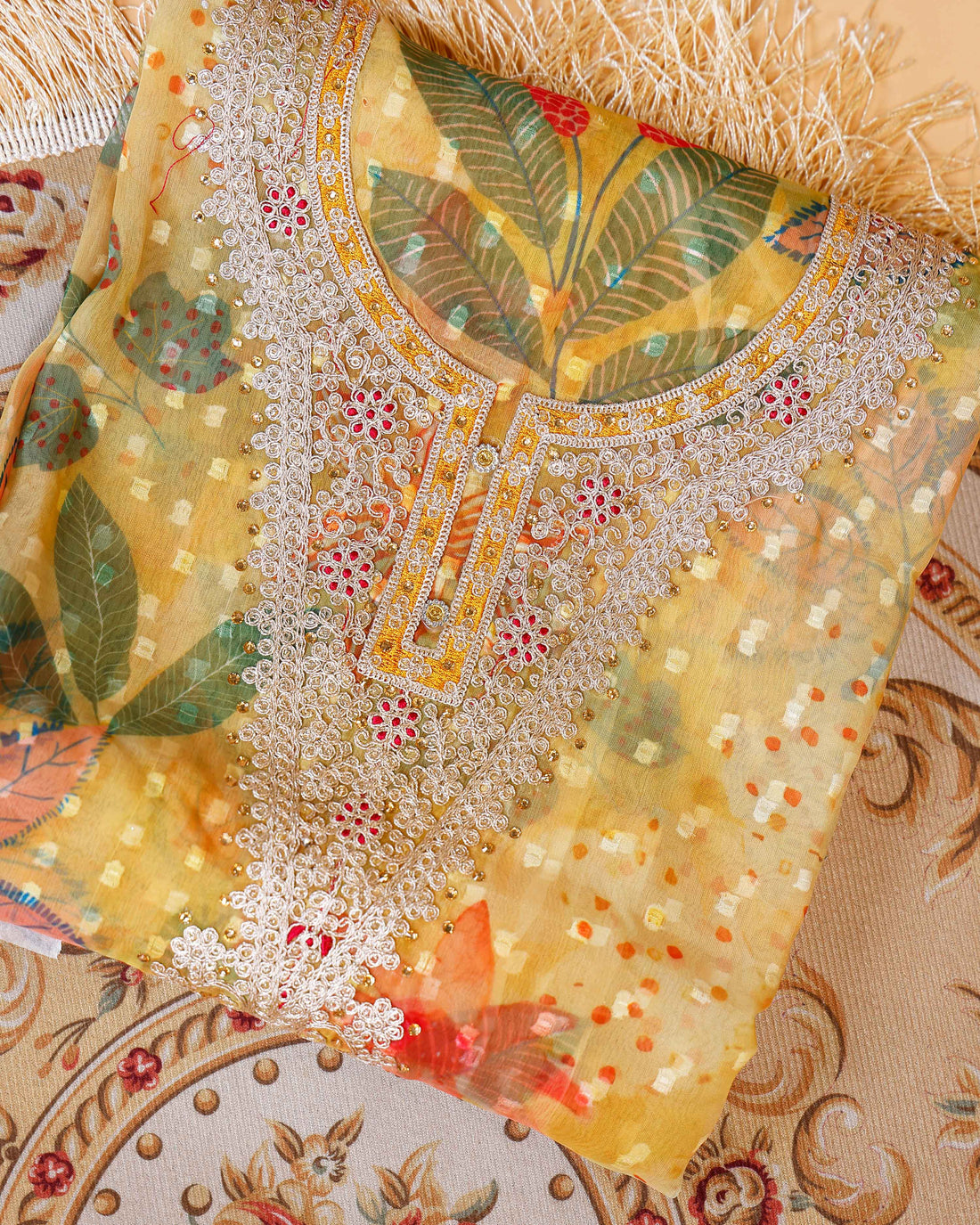 Women's Elegant Floral & Paisley Print Salwar Suit Material with Intricate Neck Embroidery - Yellow