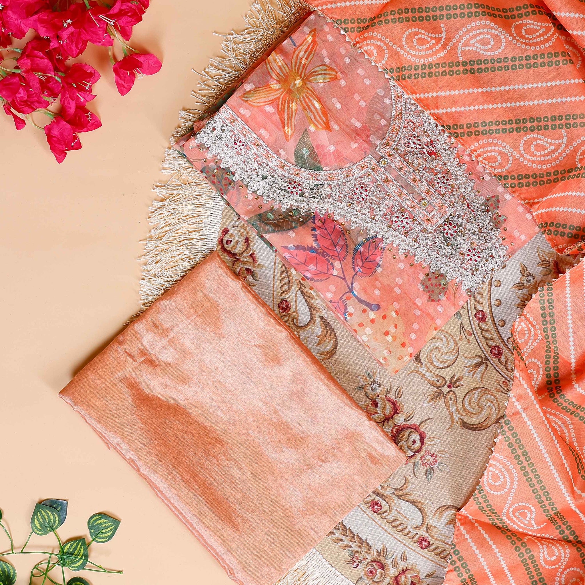 Women's Elegant Floral & Paisley Print Salwar Suit Material with Intricate Neck Embroidery - Peach