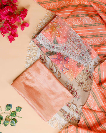Women's Elegant Floral & Paisley Print Salwar Suit Material with Intricate Neck Embroidery - Peach