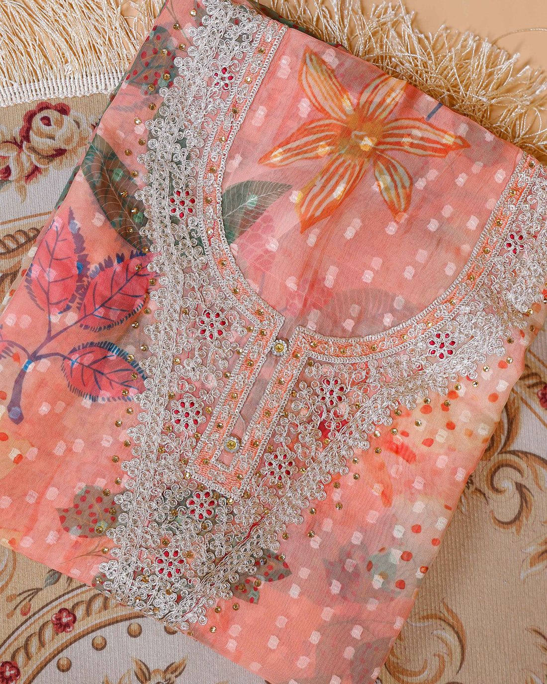 Women's Elegant Floral & Paisley Print Salwar Suit Material with Intricate Neck Embroidery - Peach